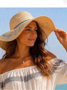 Straw Hat Beach Life Floppy Sun Hat Straw Wide Brim Blue Script Beach Hat